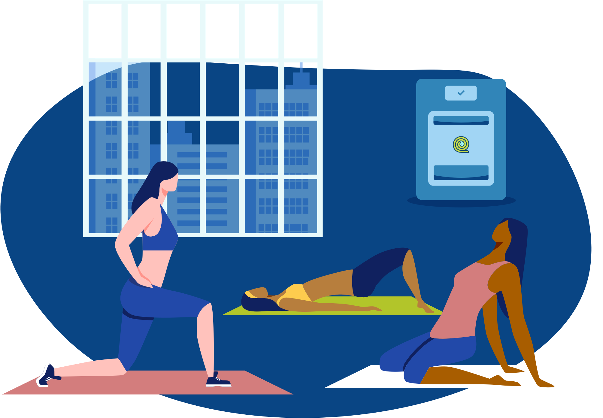 Three women in various poses on clean exercise mats within a MatFresher fitness center.